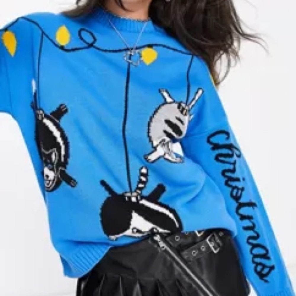 ASOS Design cat ugly Christmas sweater in blue size 10